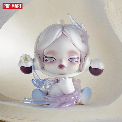 Animated character figurine with white hair and purple accents on a beige background, featuring the Pop Mart logo.