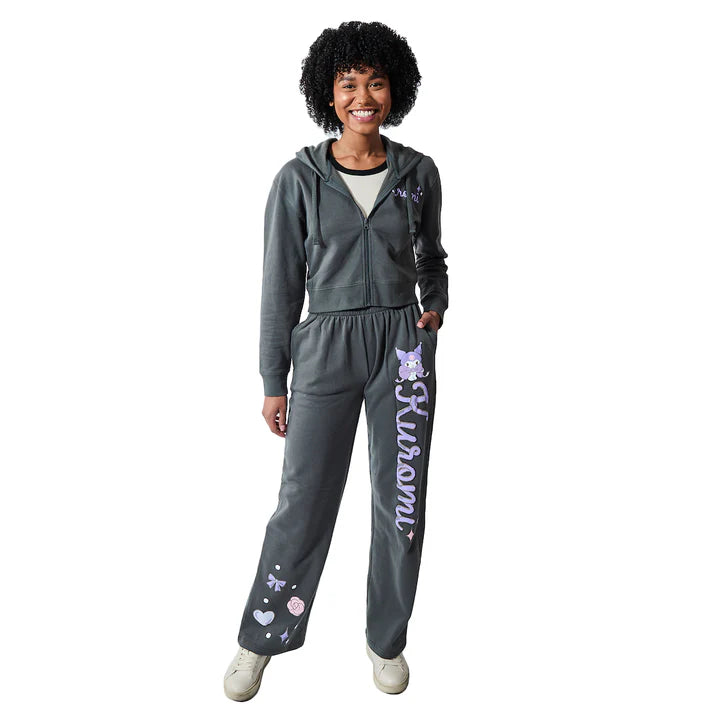 Kuromi Hearts & Bows Women's 2-Pack Charcoal Long Sleeve Crop Hoodie & Joggers Combo Set