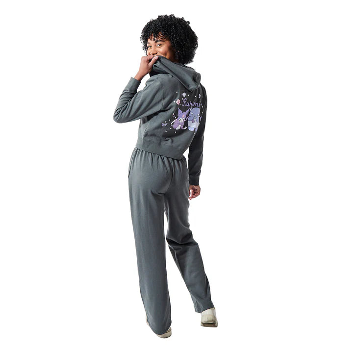 Kuromi Hearts & Bows Women's 2-Pack Charcoal Long Sleeve Crop Hoodie & Joggers Combo Set