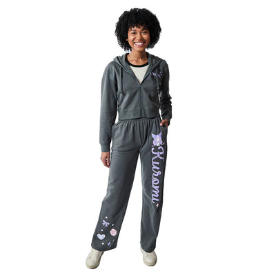 Kuromi Hearts & Bows Women's 2-Pack Charcoal Long Sleeve Crop Hoodie & Joggers Combo Set