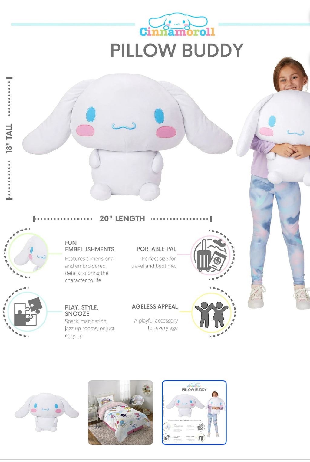 Cinnamoroll Kids Plush Bedding Cuddle and Decorative Pillow Buddy, Sanrio