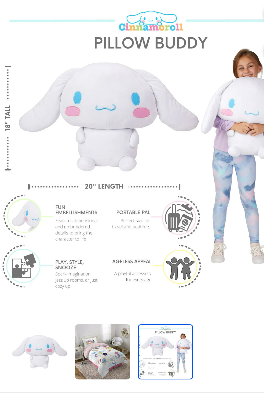 Cinnamoroll Kids Plush Bedding Cuddle and Decorative Pillow Buddy, Sanrio