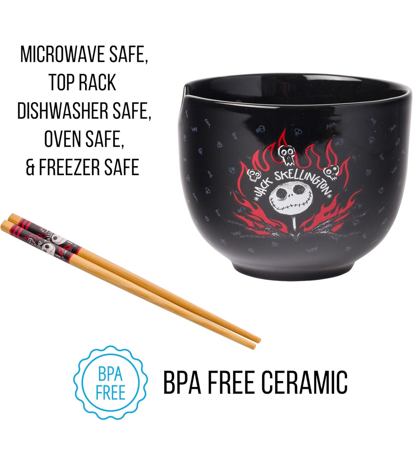 Silver Buffalo Disney Nightmare Before Christmas Jack Skellington Ceramic Ramen Noodle Rice Bowl with Chopsticks, Microwave Safe, 20 Ounces
