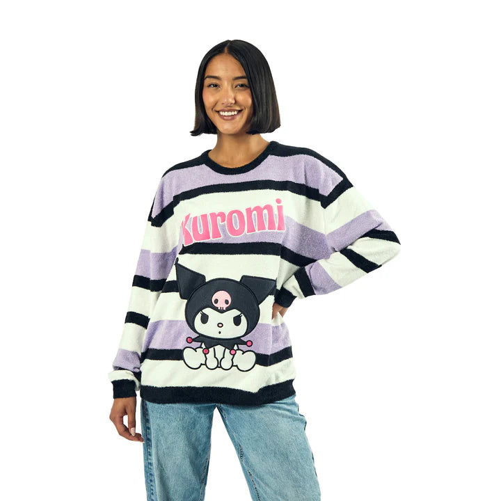 Kuromi Character Sitting Women's Purple & White Eyelash Sweater