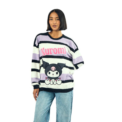 Kuromi Character Sitting Women's Purple & White Eyelash Sweater