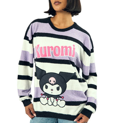 Kuromi Character Sitting Women's Purple & White Eyelash Sweater