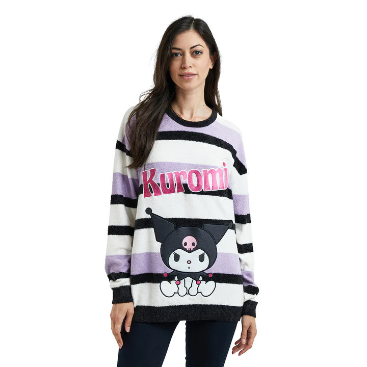 Kuromi Character Sitting Women's Purple & White Eyelash Sweater