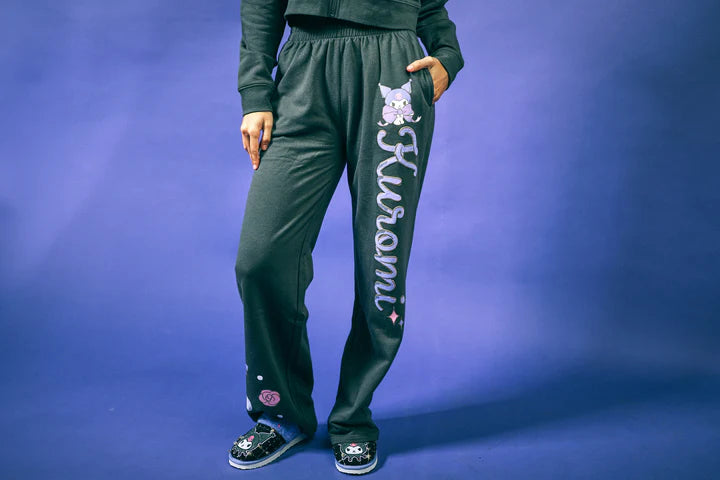 Kuromi Hearts & Bows Women's 2-Pack Charcoal Long Sleeve Crop Hoodie & Joggers Combo Set