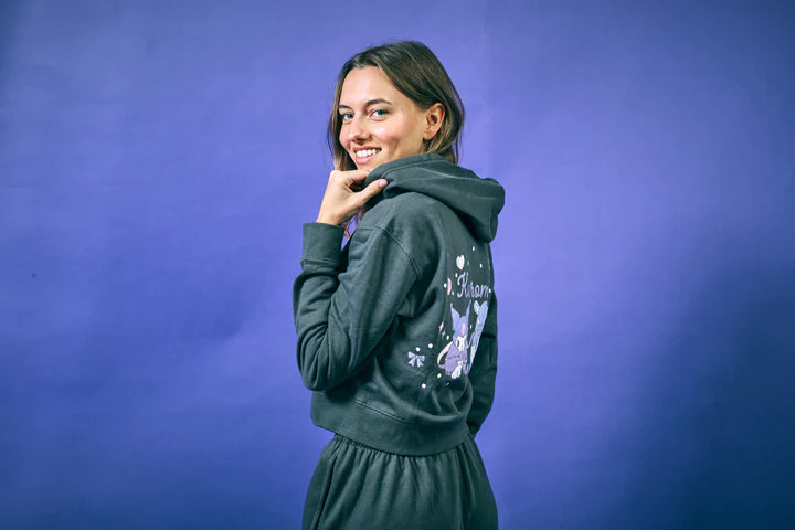 Kuromi Hearts & Bows Women's 2-Pack Charcoal Long Sleeve Crop Hoodie & Joggers Combo Set