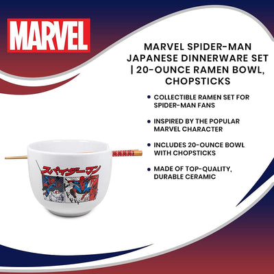 Silver Buffalo Marvel Spider-Man Japanese Manga Comic Panels Ceramic Ramen Noodle Rice Bowl with Chopsticks, Microwave Safe, 20 Ounces