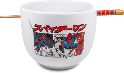 Silver Buffalo Marvel Spider-Man Japanese Manga Comic Panels Ceramic Ramen Noodle Rice Bowl with Chopsticks, Microwave Safe, 20 Ounces