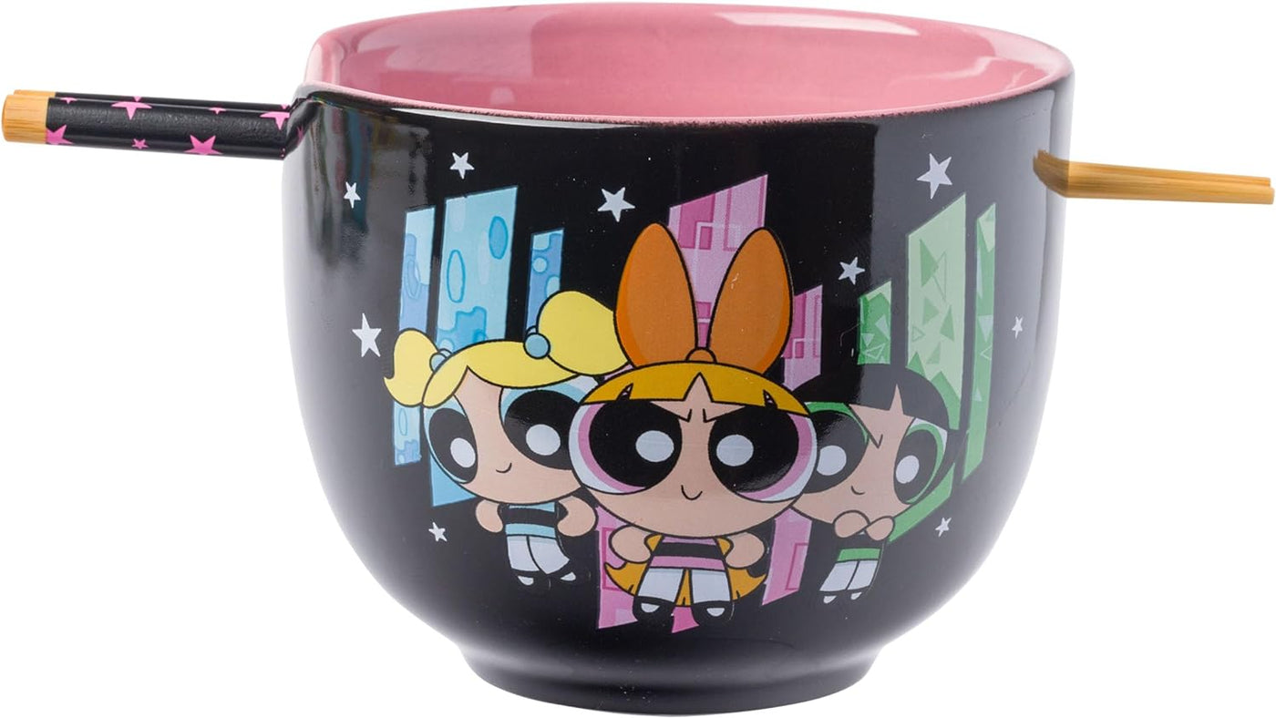 Silver Buffalo The Powerpuff Girls Featuring Blossom, Bubbles, and Buttercup Ceramic Ramen Noodle Rice Bowl with Chopsticks, 20 Ounces