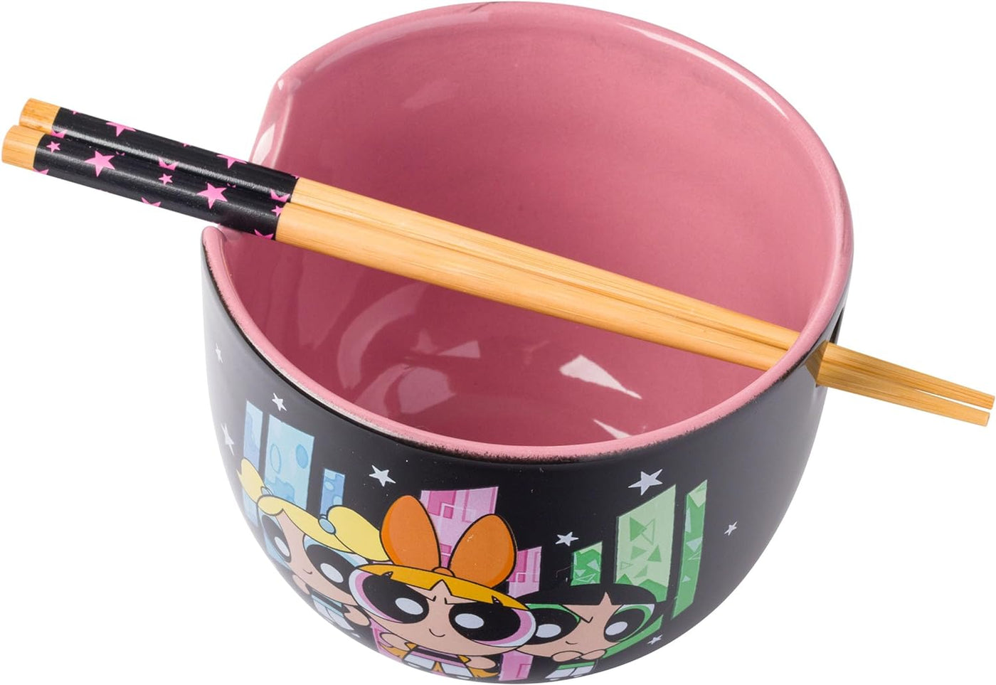 Silver Buffalo The Powerpuff Girls Featuring Blossom, Bubbles, and Buttercup Ceramic Ramen Noodle Rice Bowl with Chopsticks, 20 Ounces