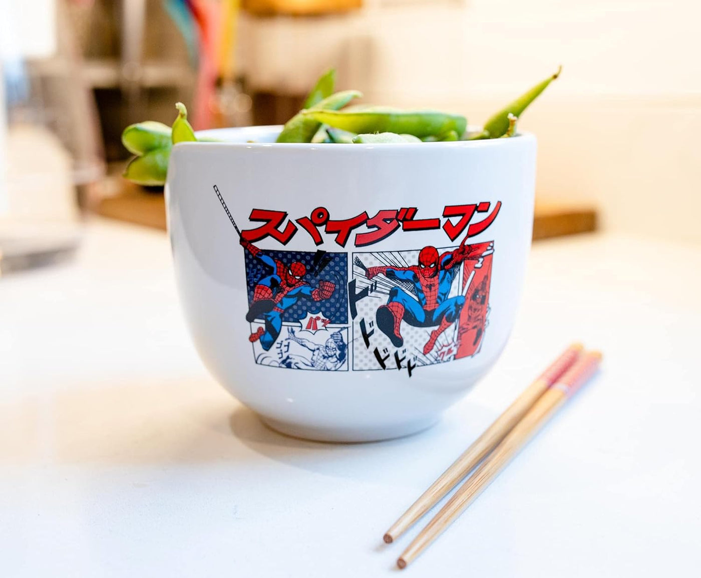 Silver Buffalo Marvel Spider-Man Japanese Manga Comic Panels Ceramic Ramen Noodle Rice Bowl with Chopsticks, Microwave Safe, 20 Ounces