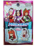 Packaged acrylic stand with anime characters on a pink background