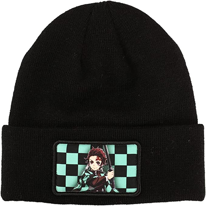 Demon Slayer Character Embroidered Plain Black Cuffed Knitted Winter Beanie Hat